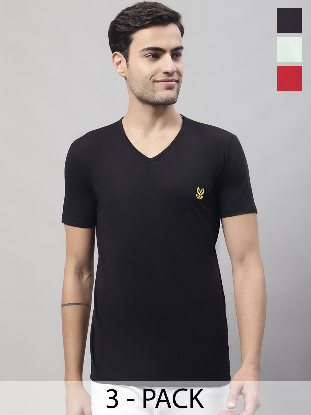 

VIMAL JONNEY Pack Of 3 V-Neck Cotton Casual T-shirts, Black