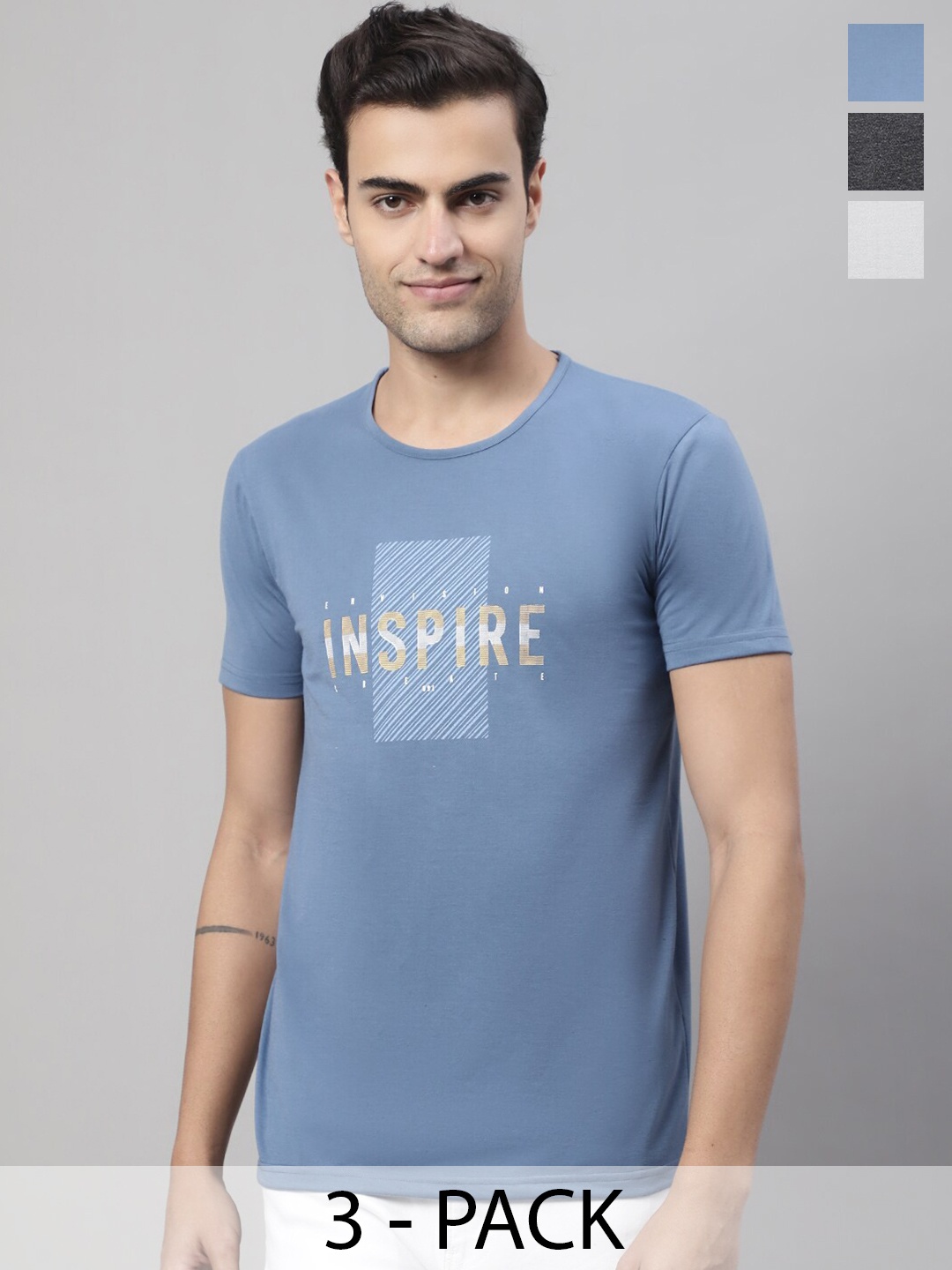 

MACK JONNEY Pack Of 3 Cotton Regular Fit T-shirts, Blue