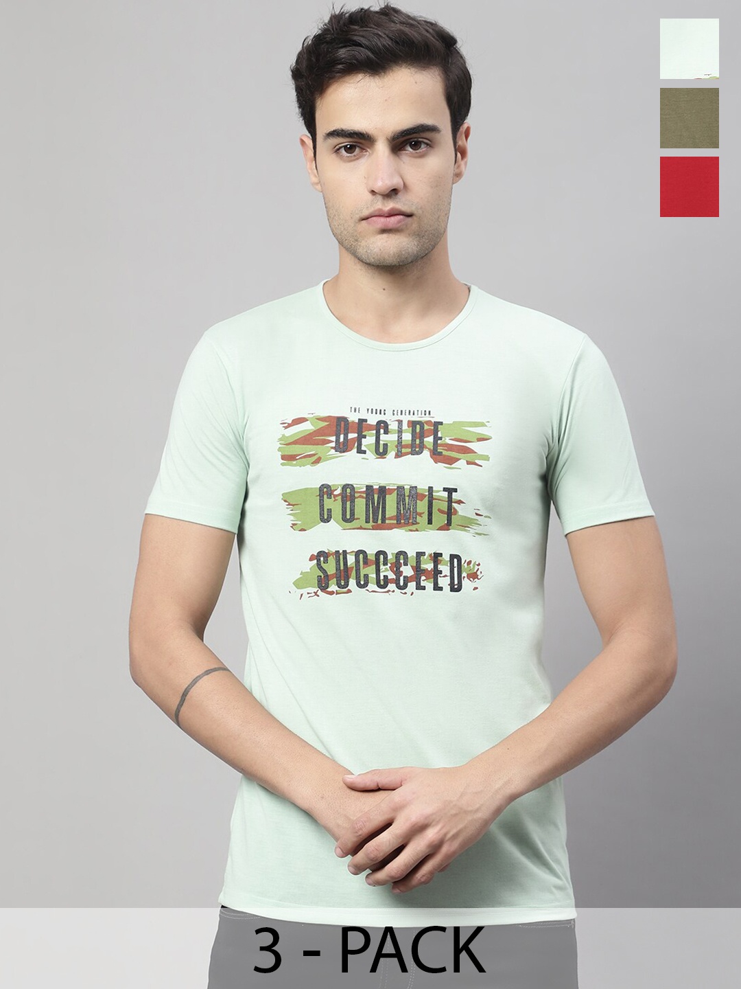 MACK JONNEY Pack Of 3 Typography Printed Cotton T-Shirt, Green