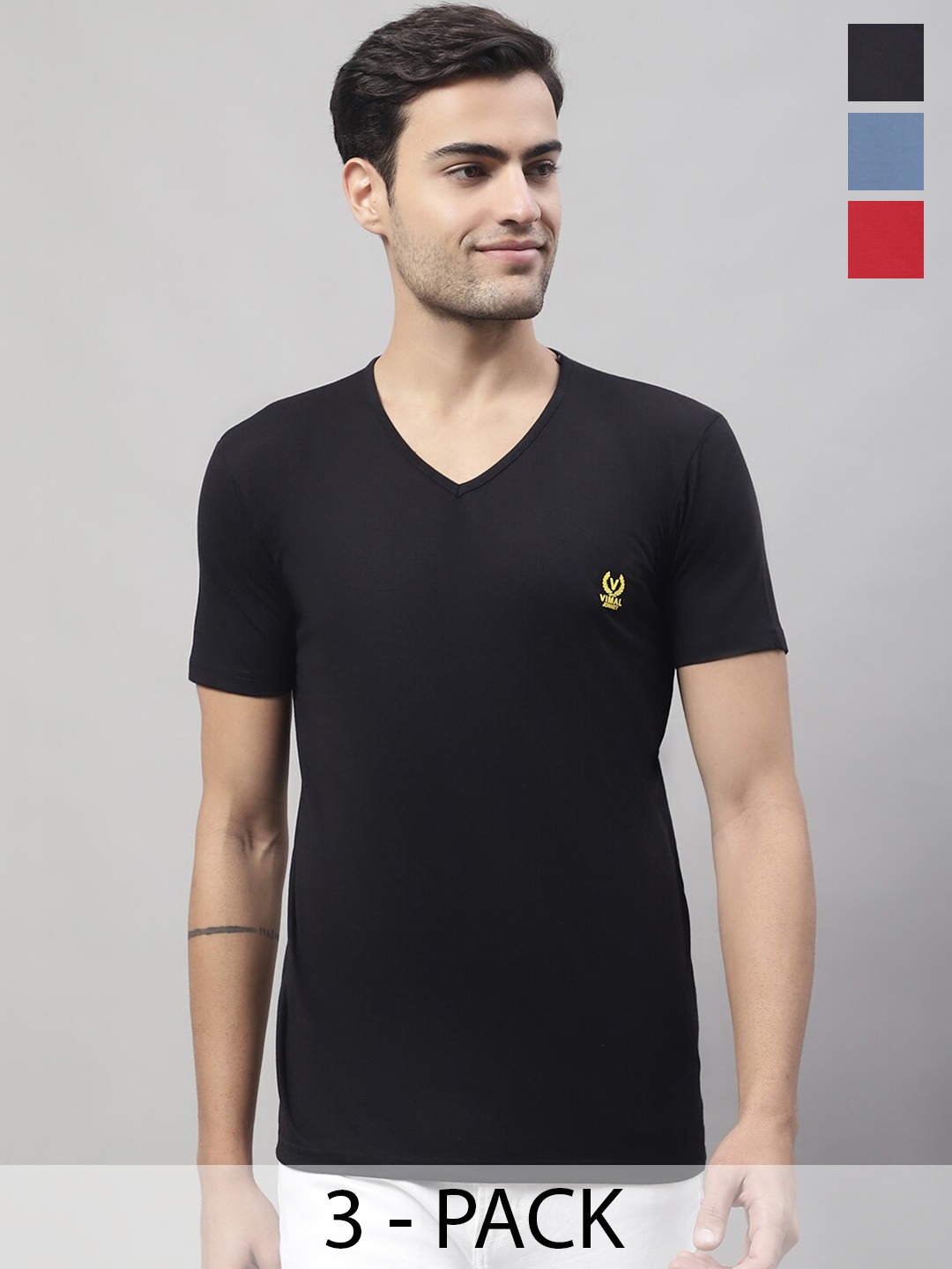 

VIMAL JONNEY Pack Of 3 Short Sleeves Cotton Tshirts, Black