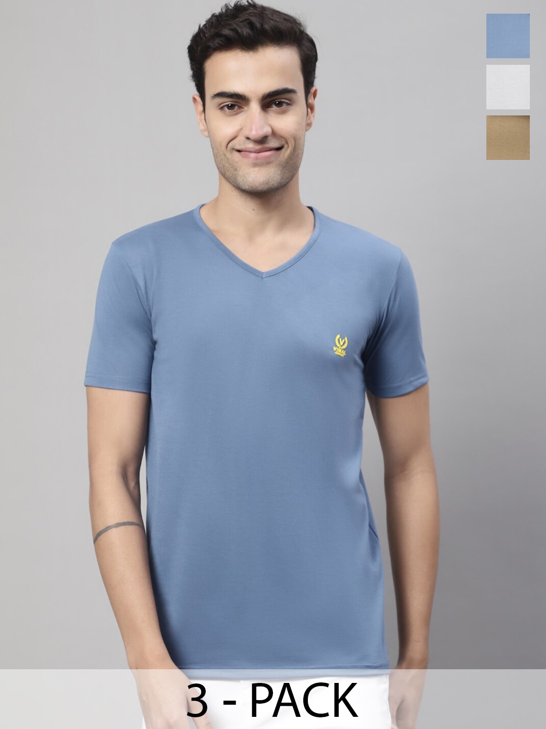 

VIMAL JONNEY Pack Of 3 V-Neck Cotton Regular Fit T-shirts, Grey