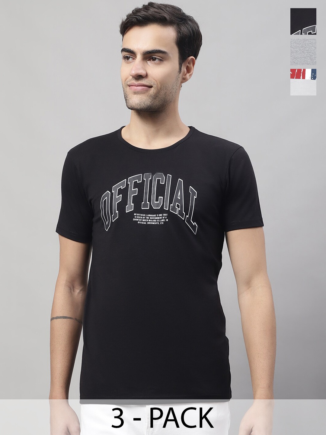 

MACK JONNEY Pack Of 3 Printed Round Neck Cotton Casual T-shirts, Black