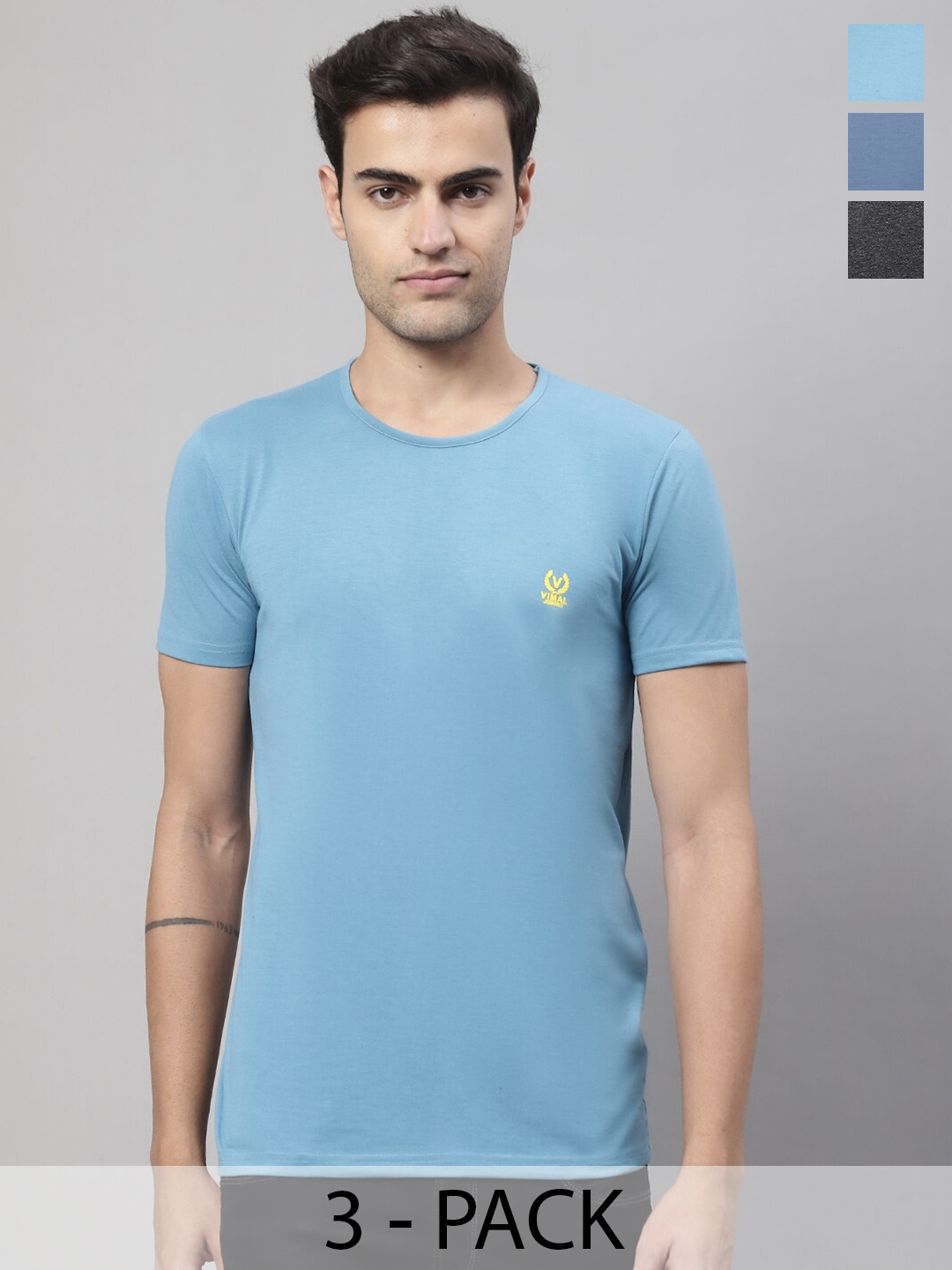 MACK JONNEY Pack Of 3 Printed Round Neck Cotton Casual T-shirts, Blue