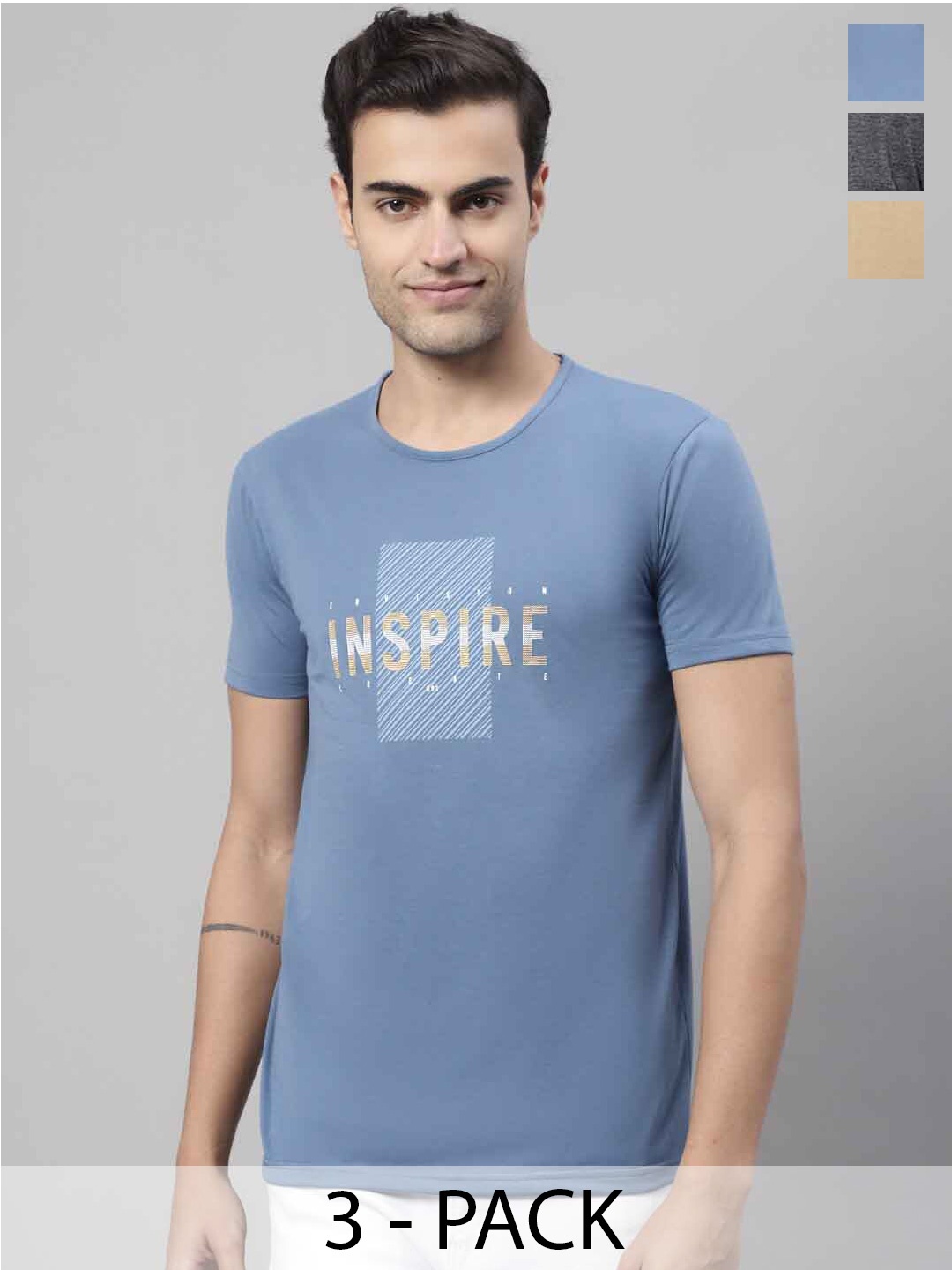 

MACK JONNEY Pack Of 3 Printed Round Neck Cotton Casual T-shirts, Blue