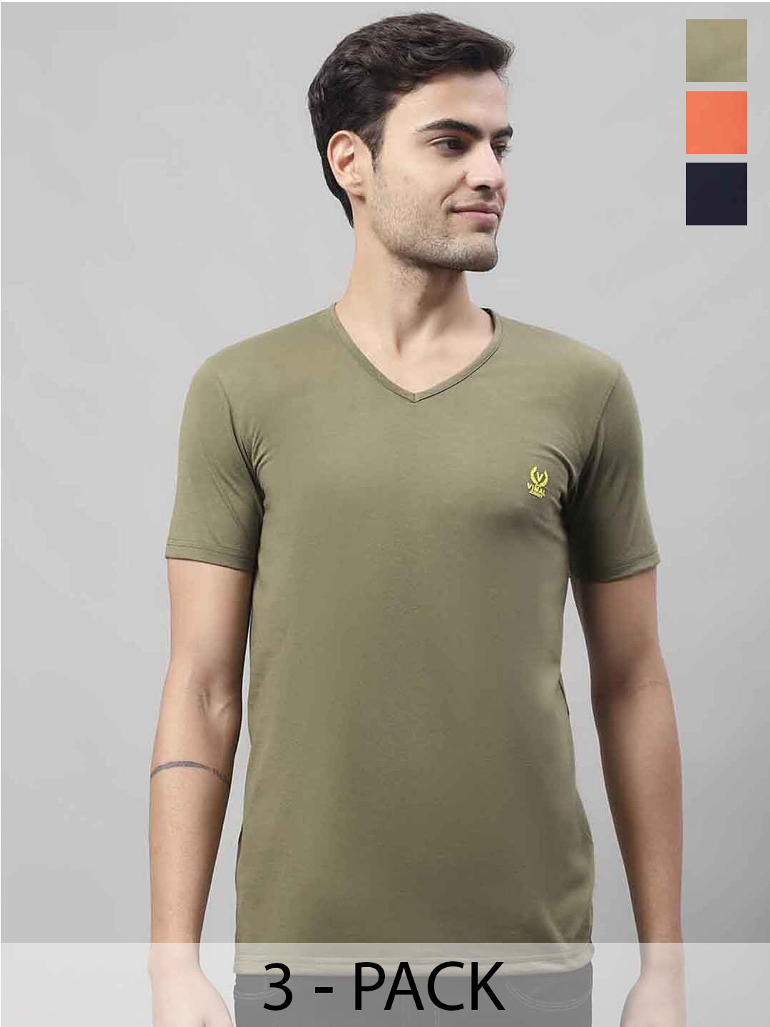 

VIMAL JONNEY Pack Of 3 V-Neck Cotton Casual T-shirts, Khaki