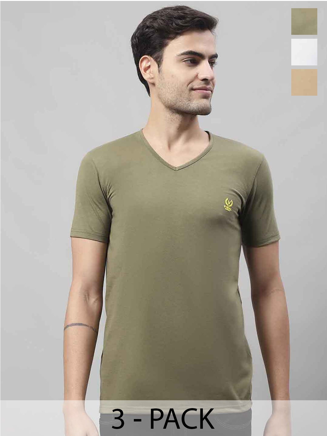 

VIMAL JONNEY Pack Of 3 V-Neck Cotton Casual T-shirts, Khaki