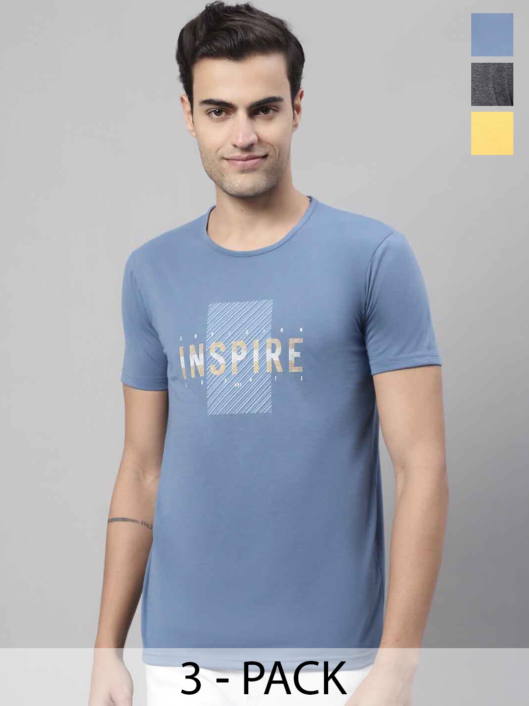 

MACK JONNEY Pack Of 3 Typography Printed Cotton T-shirt, Blue