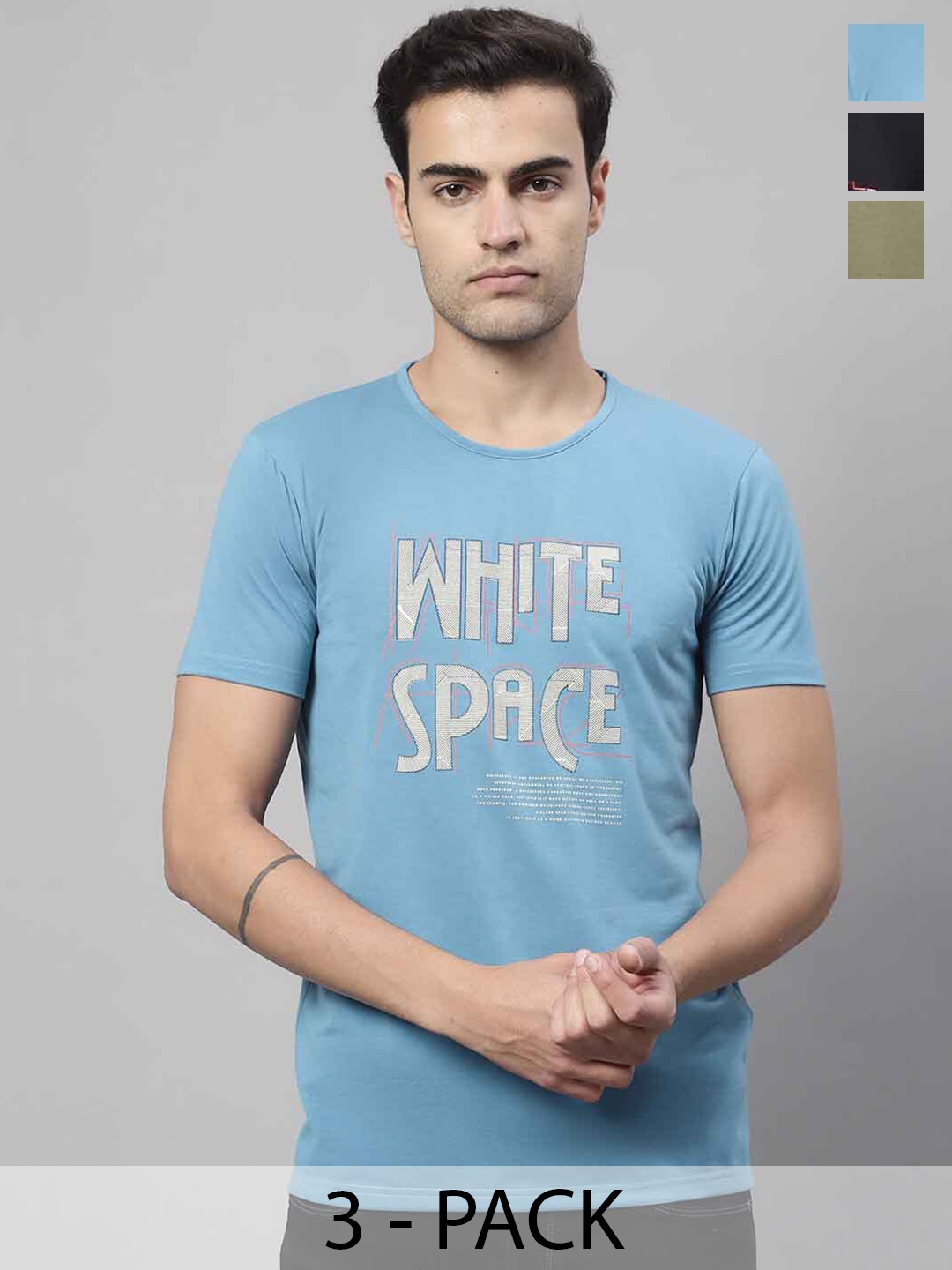 

MACK JONNEY Pack Of 3 Typography Printed Cotton T-shirt, Blue
