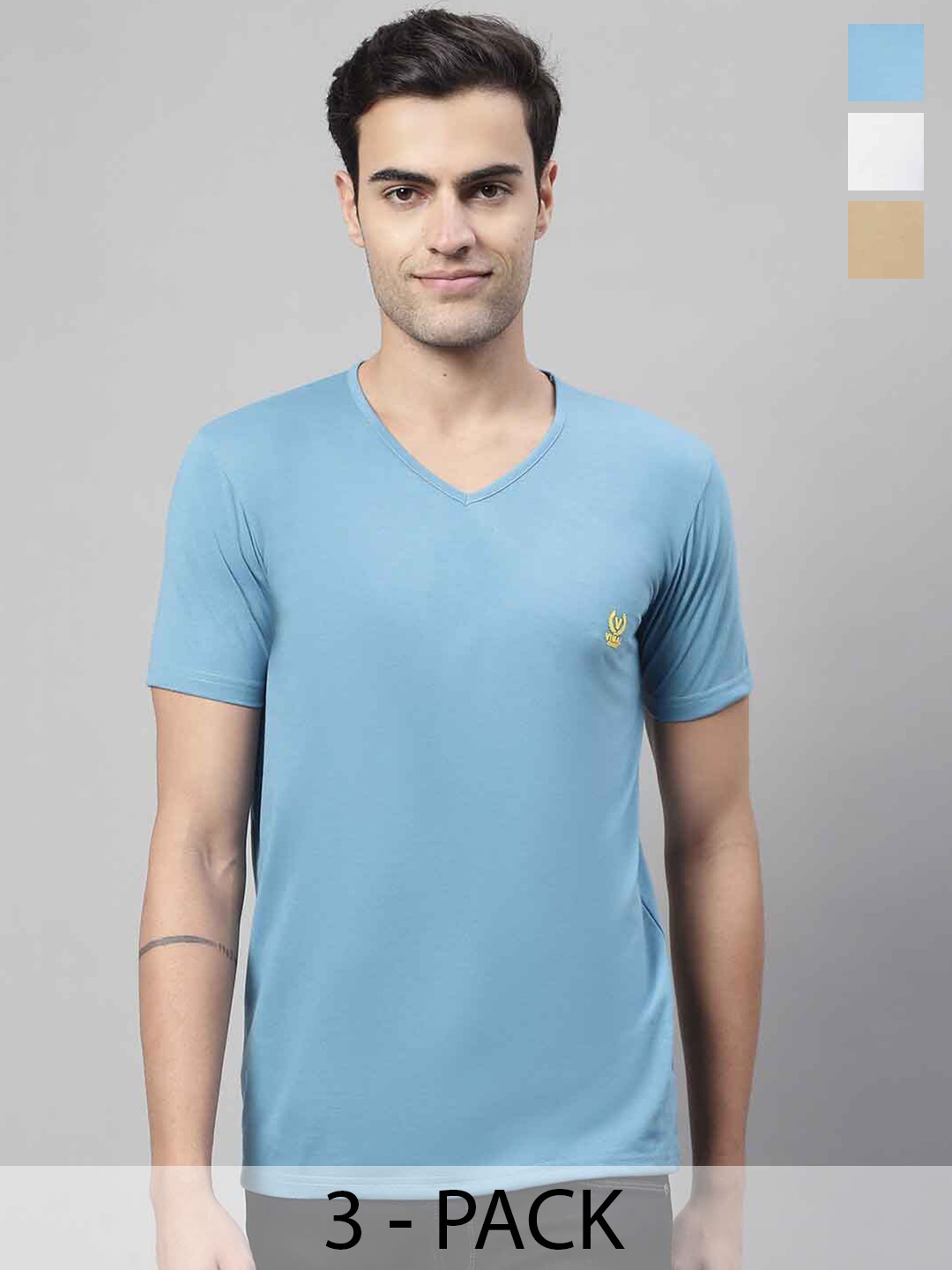 

VIMAL JONNEY Pack Of 3 V- Neck Cotton T-shirt, Blue