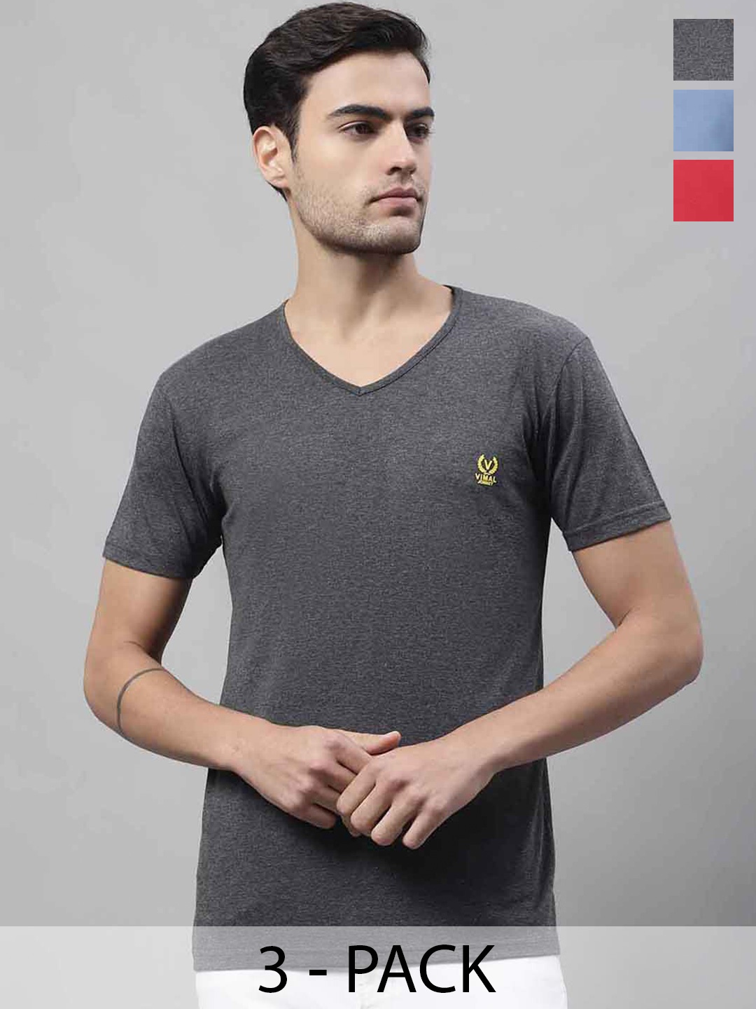 

VIMAL JONNEY Pack Of 3 Short Sleeves Cotton Tshirts, Grey
