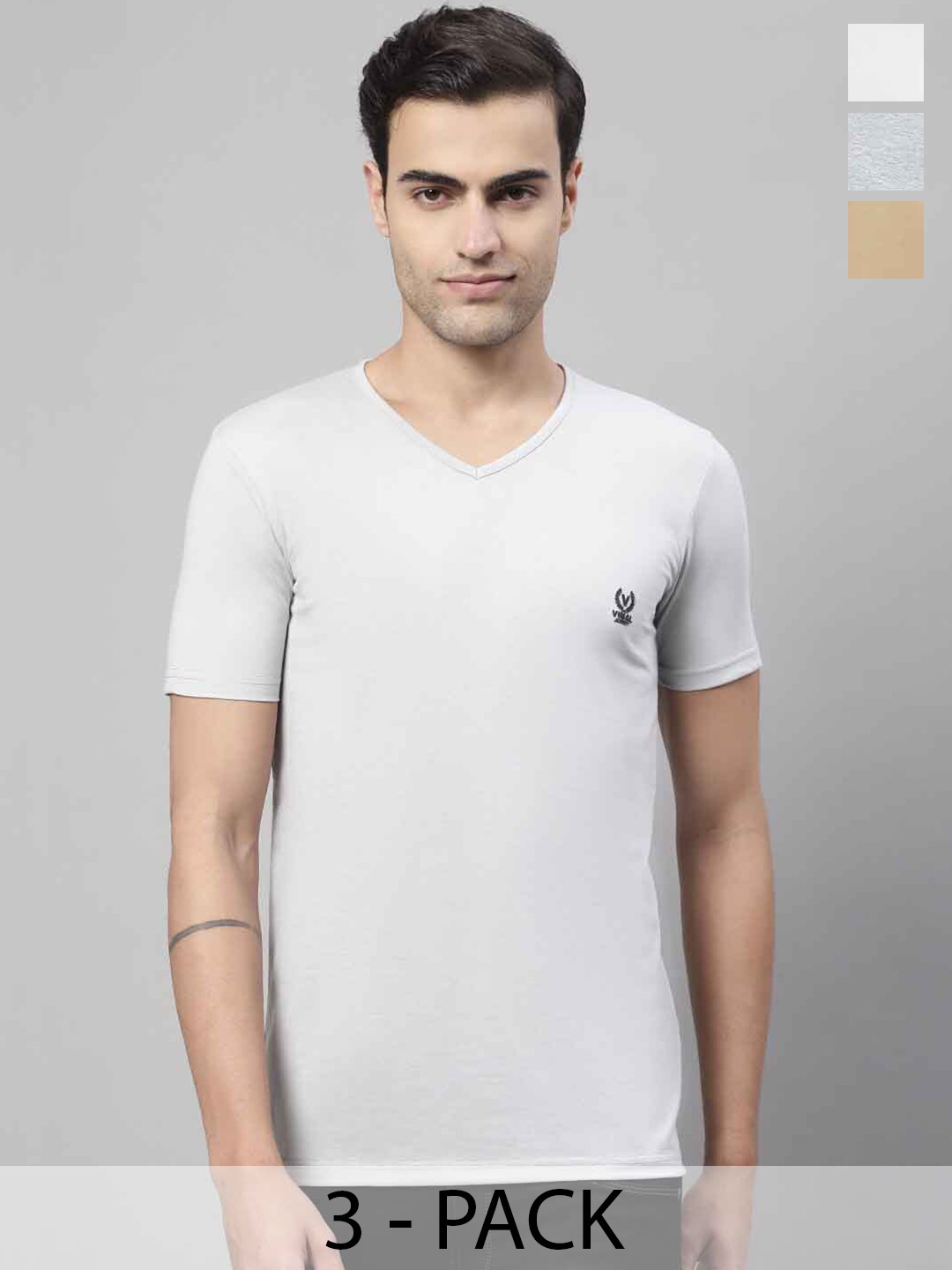 

MACK JONNEY Pack Of 3 V-Neck Cotton T-shirt, Grey
