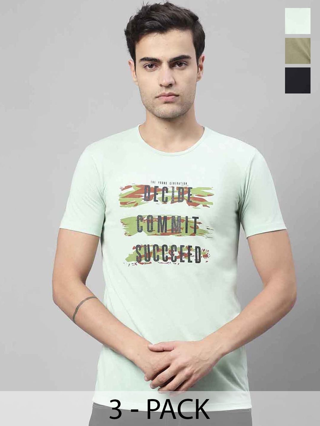 

MACK JONNEY Pack of 3 Typography Printed Round Neck Cotton T-shirt, Green