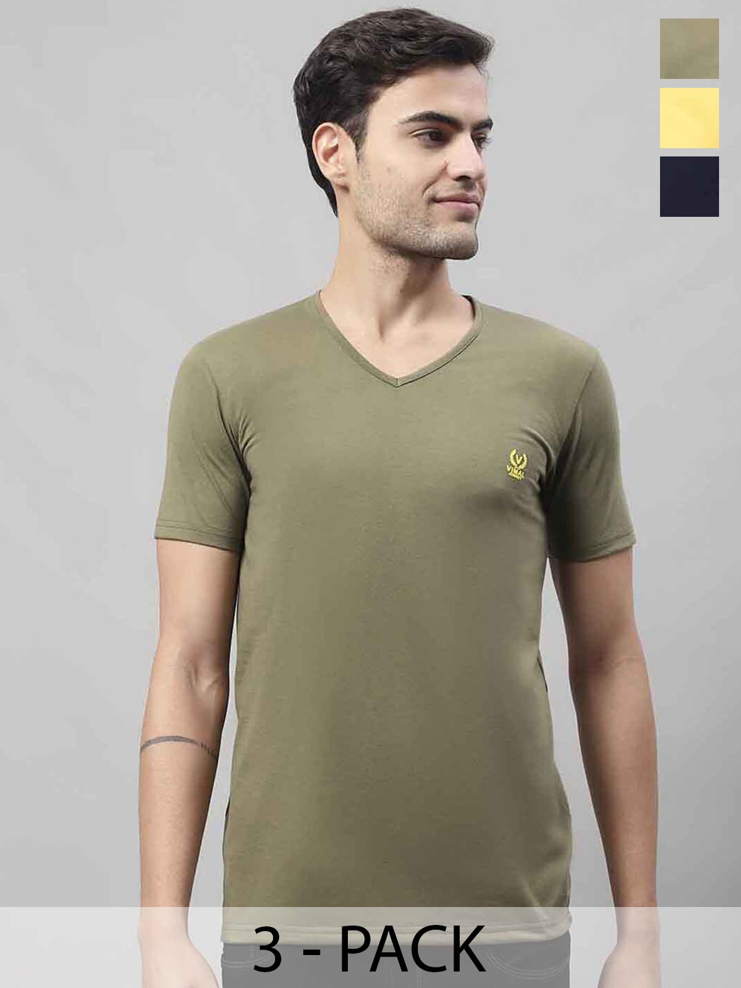 

VIMAL JONNEY Pack Of 3 V-Neck Cotton Casual T-shirts, Khaki