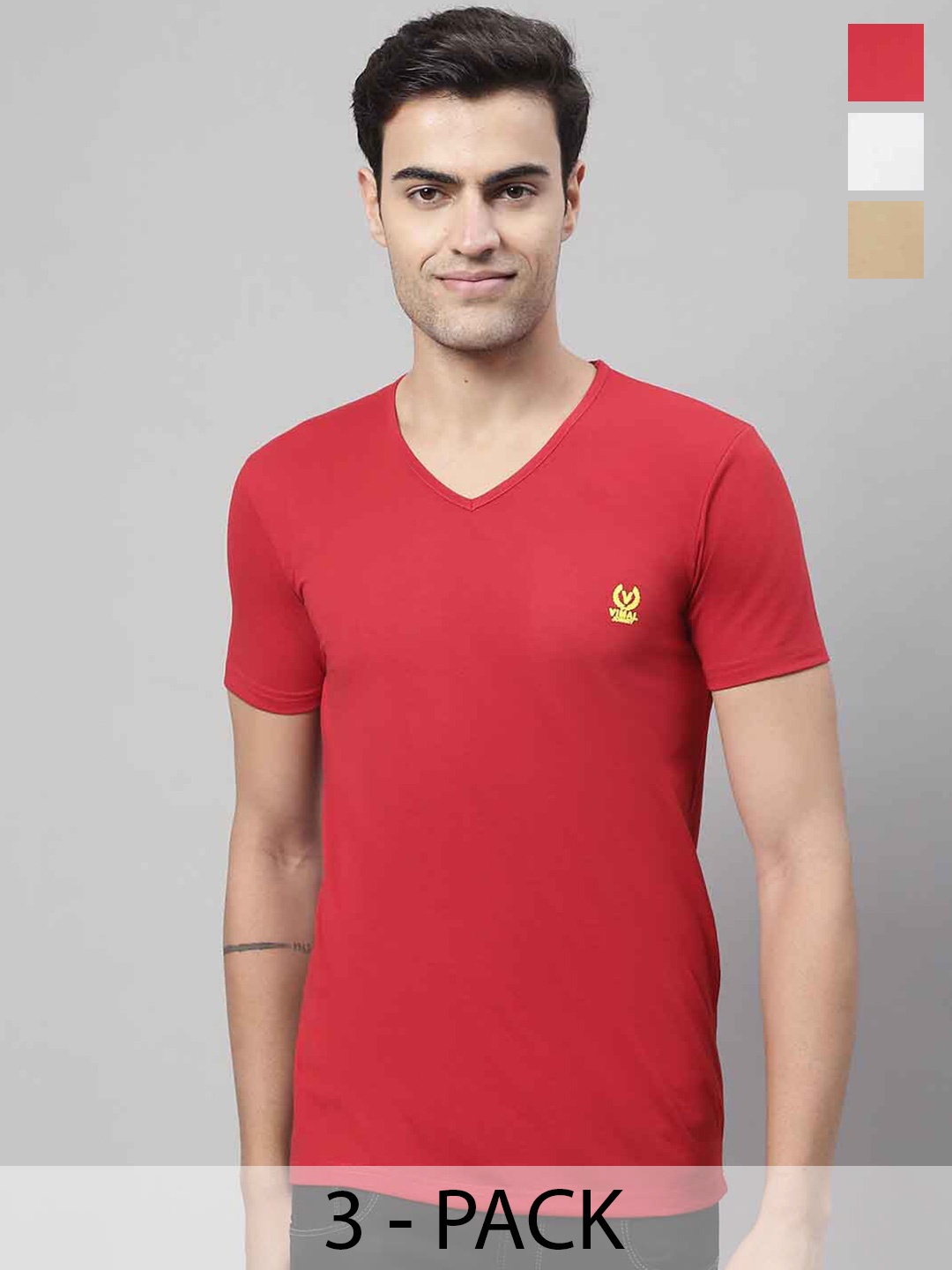 

VIMAL JONNEY Pack Of 3 V-Neck Cotton Regular Fit T-shirts, Red