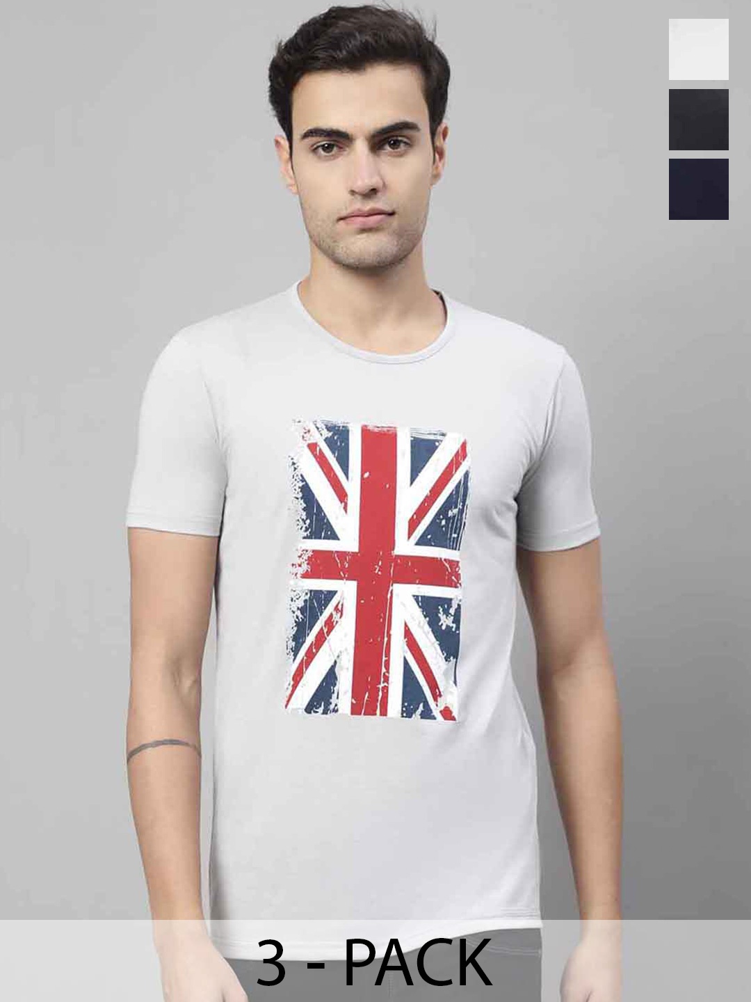 

MACK JONNEY Pack Of 3 Graphic Printed Cotton T-Shirt, Grey