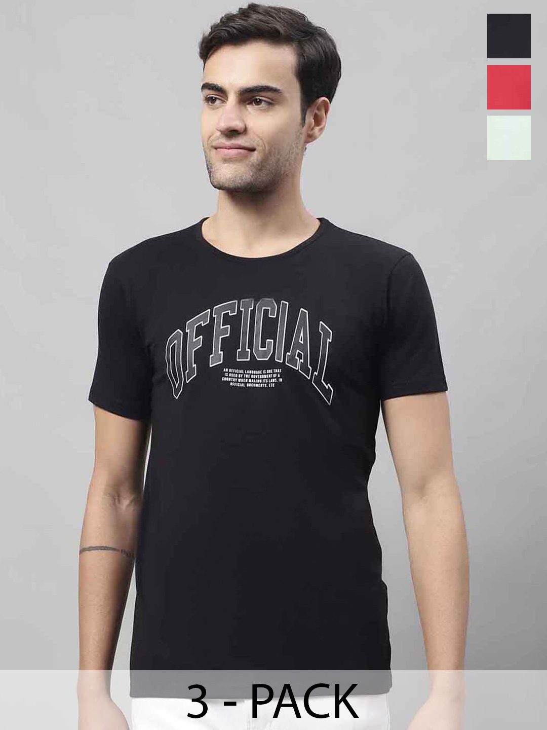 MACK JONNEY Pack Of 3 Printed Round Neck Cotton Casual T-shirts, Black