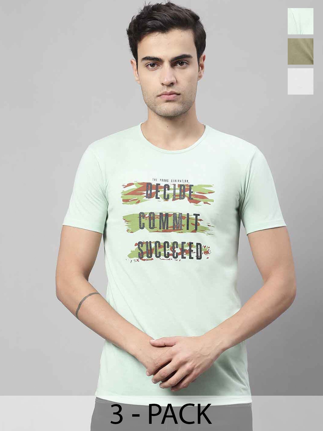 

MACK JONNEY Pack Of 3 Typography Printed Cotton T-shirt, Green