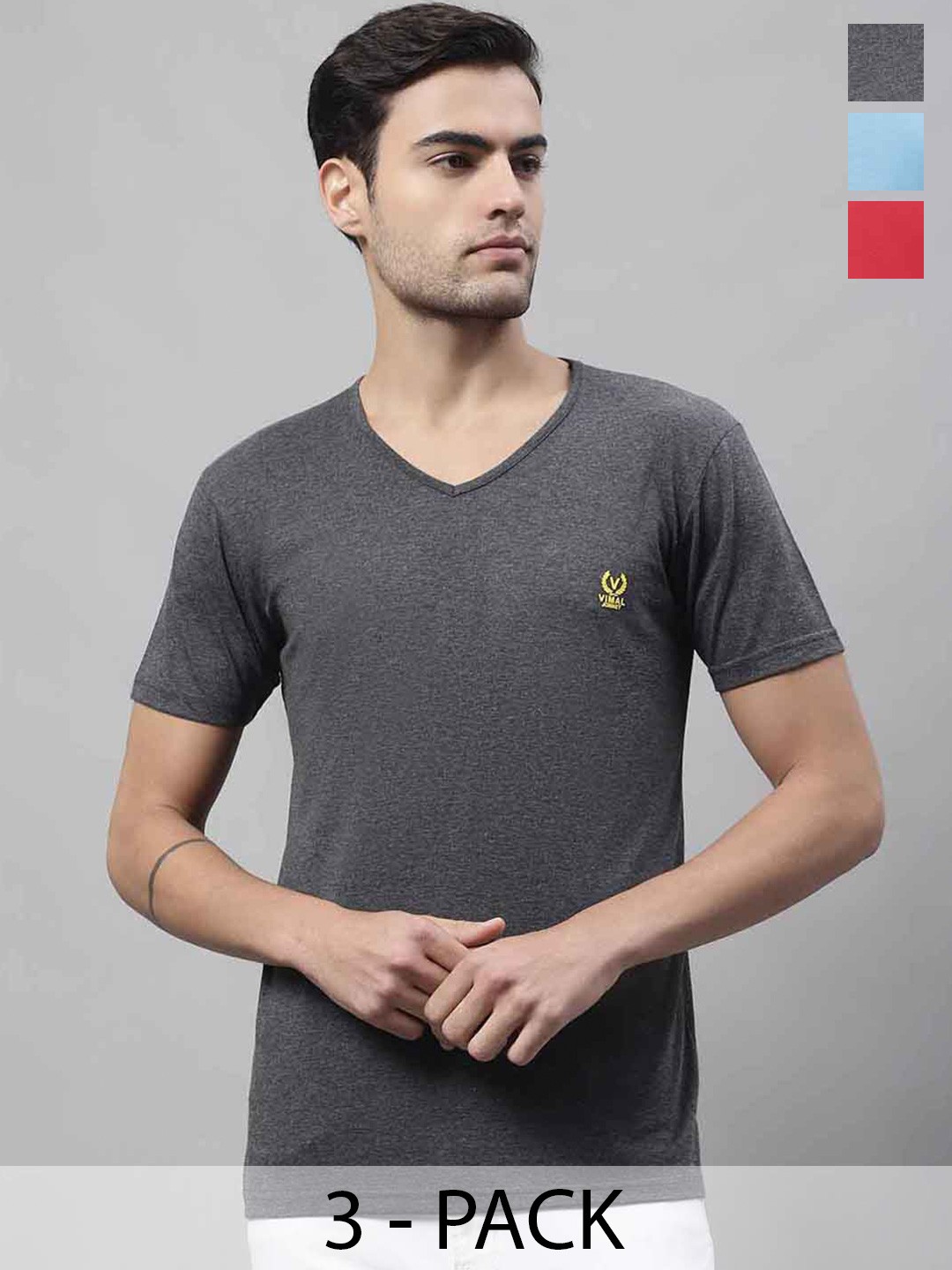 

MACK JONNEY Pack Of 3 V- Neck Cotton T-shirt, Grey