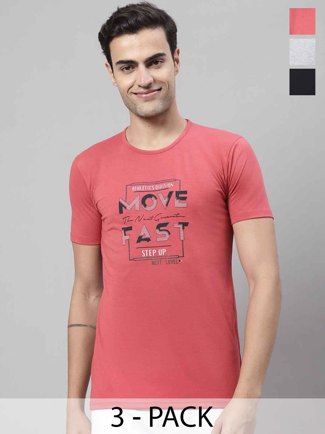 

MACK JONNEY Pack of 3 Round Neck Short Sleeves Typography Printed Cotton T-shirt, Grey