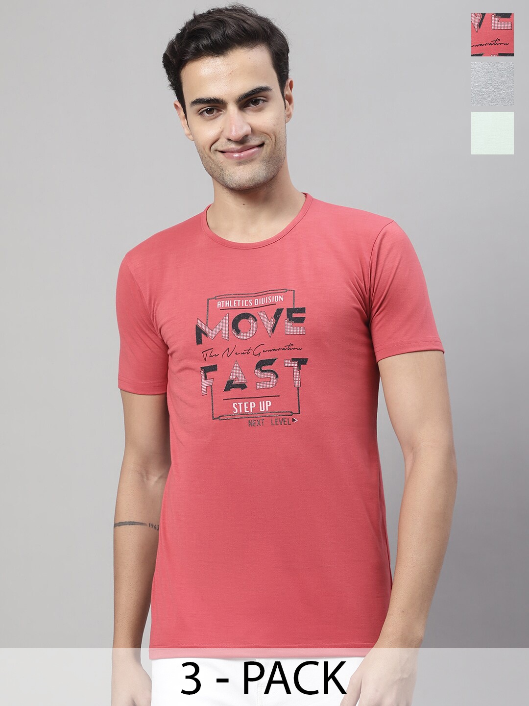 MACK JONNEY Pack Of 3 Typography Printed Cotton T-shirt, Coral