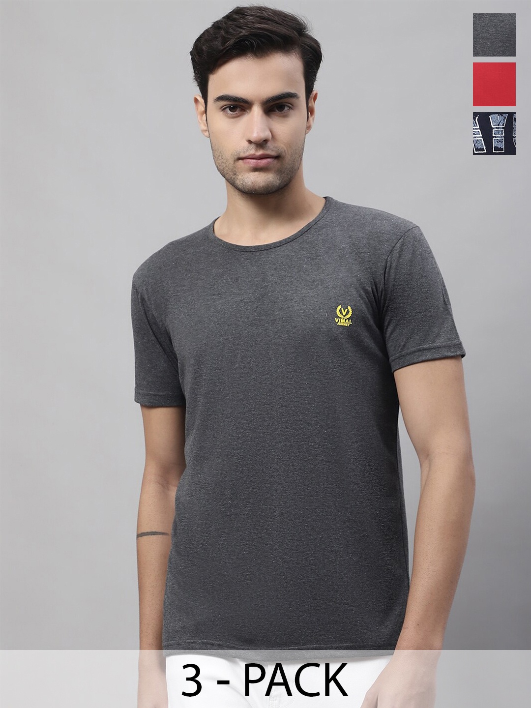 

MACK JONNEY Pack Of 3 Printed Round Neck Cotton Casual T-shirts, Grey