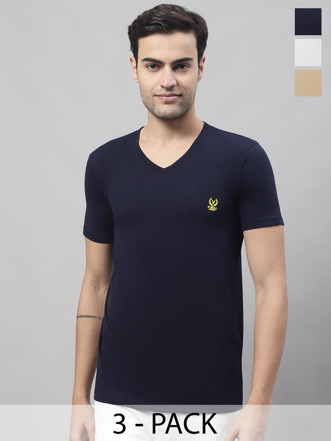 

VIMAL JONNEY Pack Of 3 Cotton T-Shirt, Navy blue