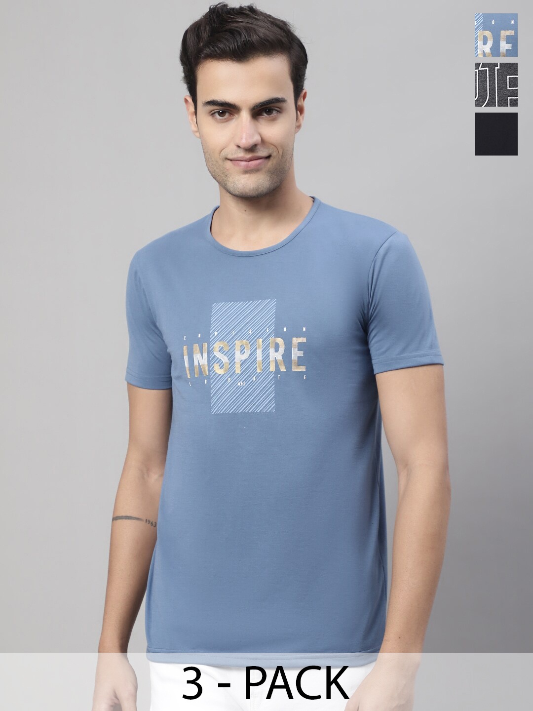 

MACK JONNEY Pack of 3 Typography Printed Cotton T-shirts, Blue