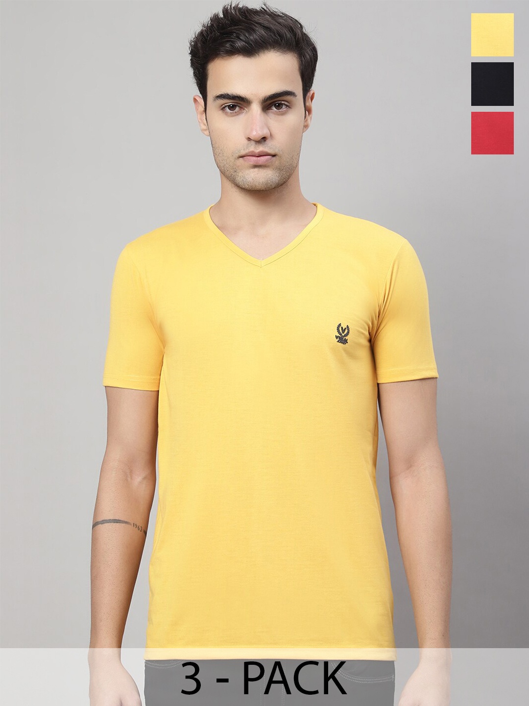 

VIMAL JONNEY Pack of 3 V-Neck Cotton T-shirts, Yellow