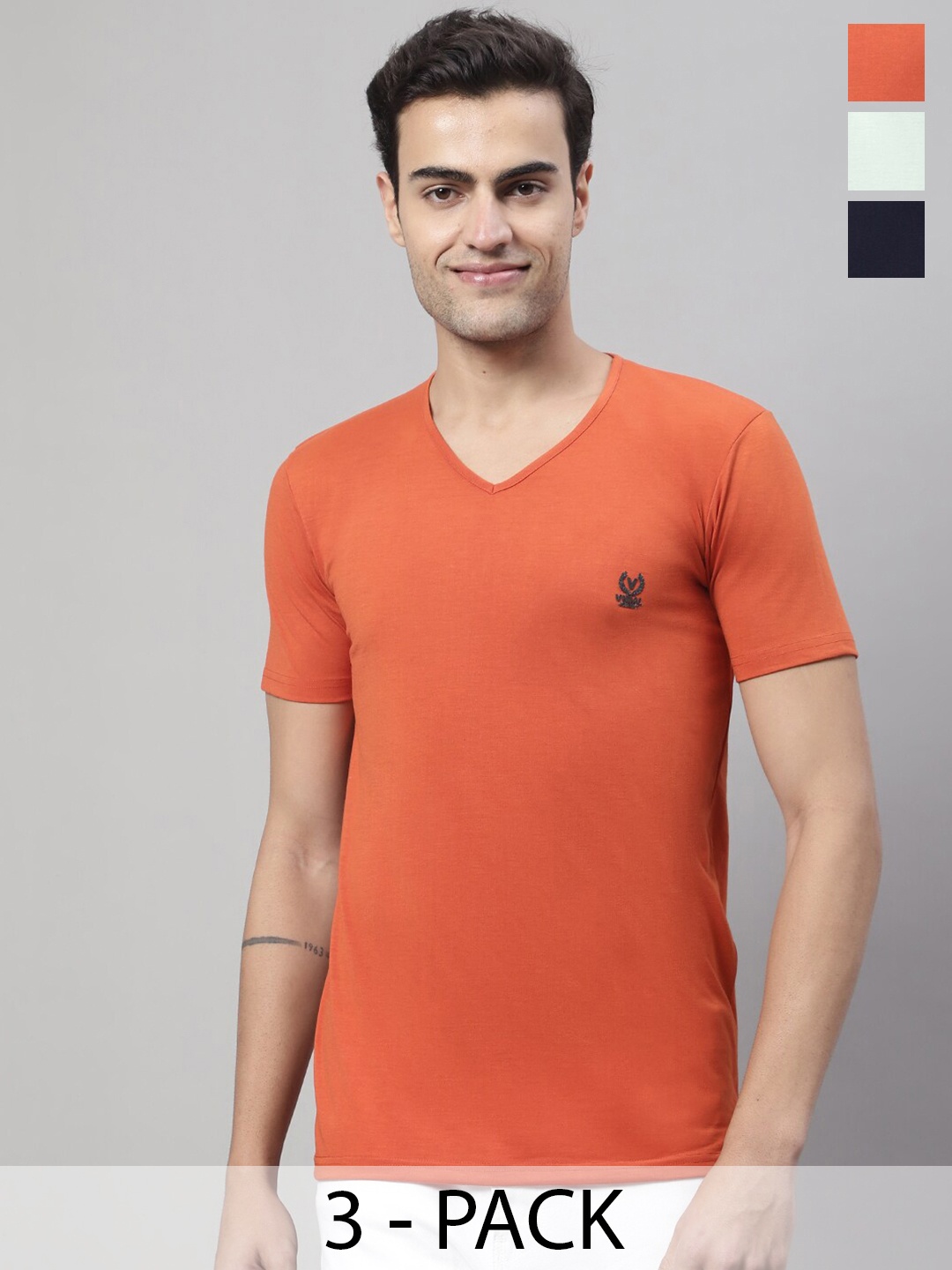 

VIMAL JONNEY Pack Of 3 V- Neck Cotton T-shirt, Orange