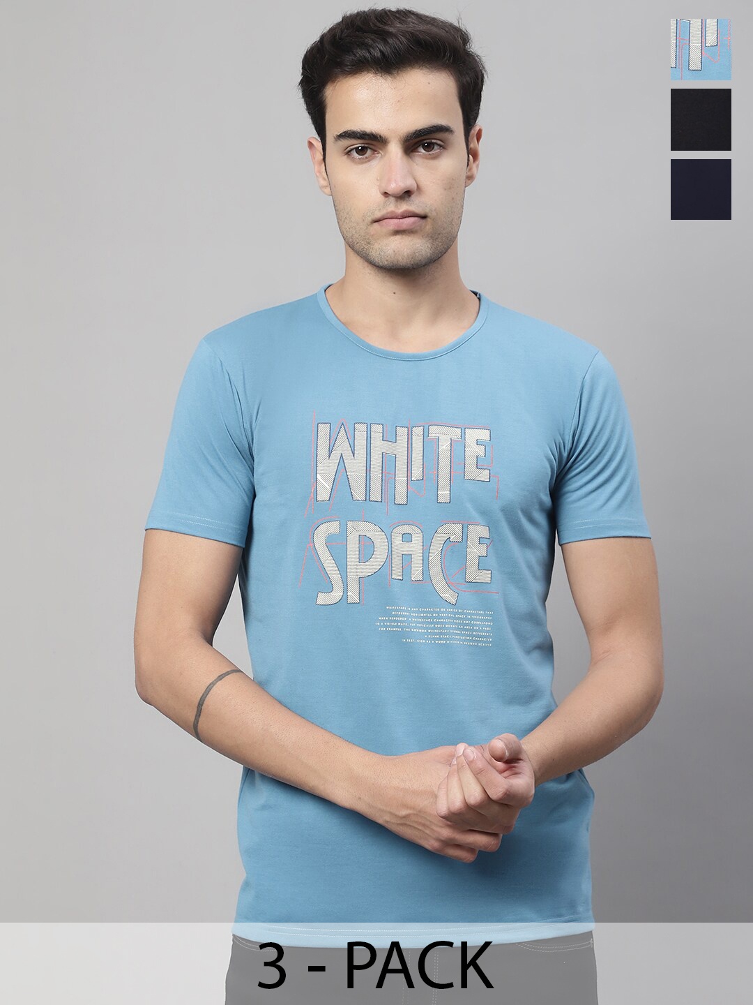 

MACK JONNEY Typography Pack of 3 Round Neck Short Sleeves Cotton T-shirt, Blue