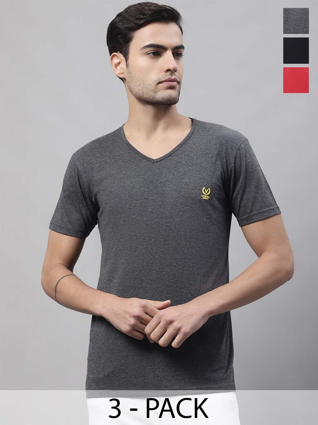

MACK JONNEY Pack of 3 V-Neck Cotton T-shirts, Grey