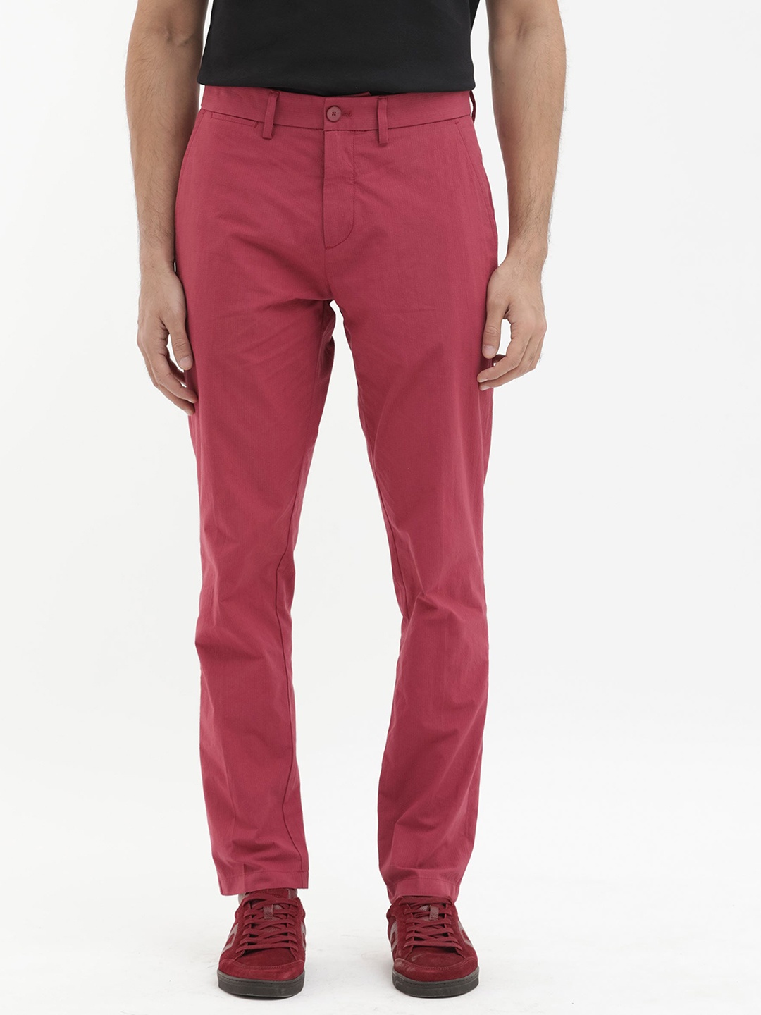 

RARE RABBIT Men Harlow Mid-Rise Regular Fit Cotton Trousers, Red