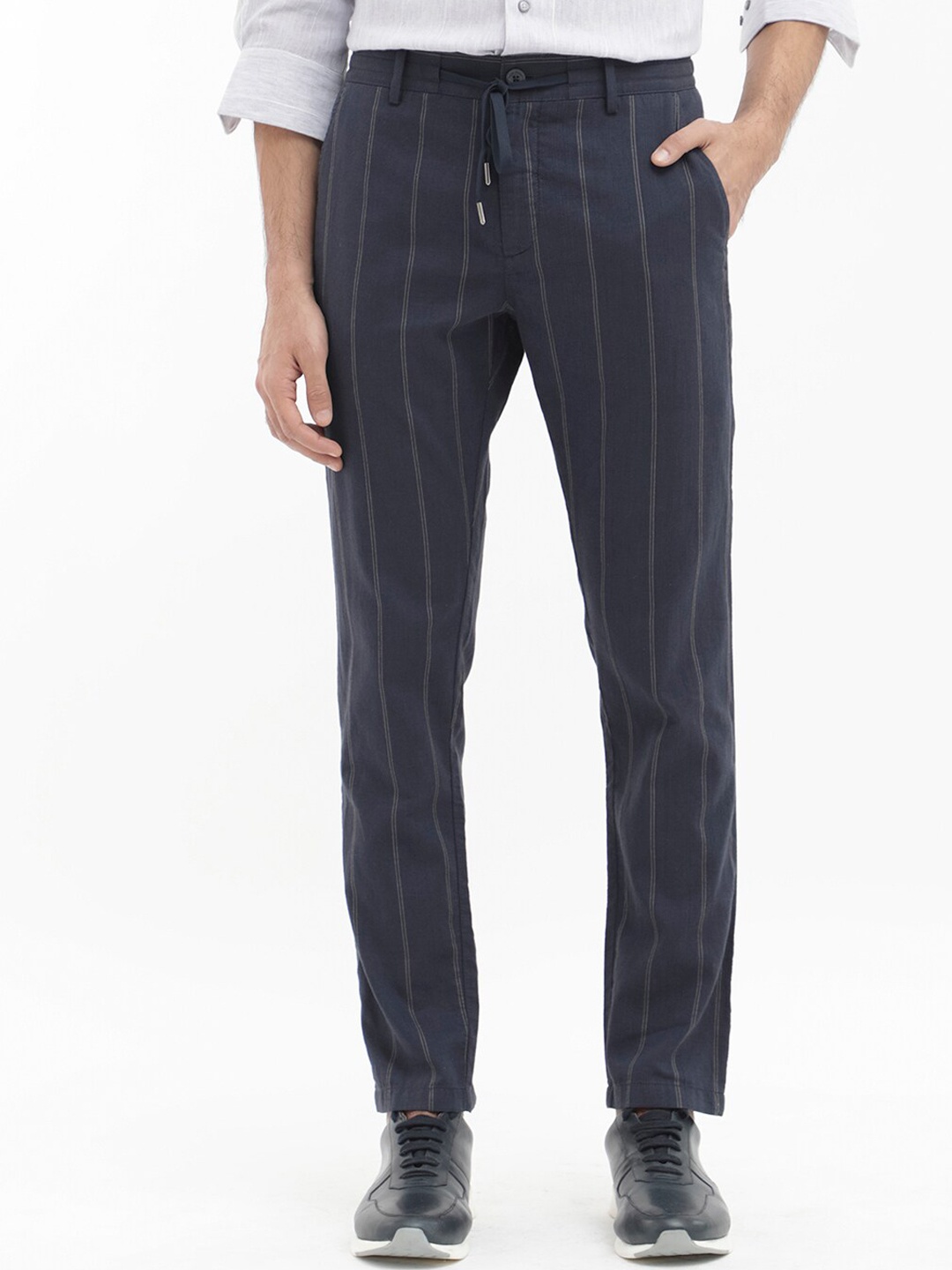 

RARE RABBIT Men Striped Mid-Rise Cotton Trousers, Navy blue