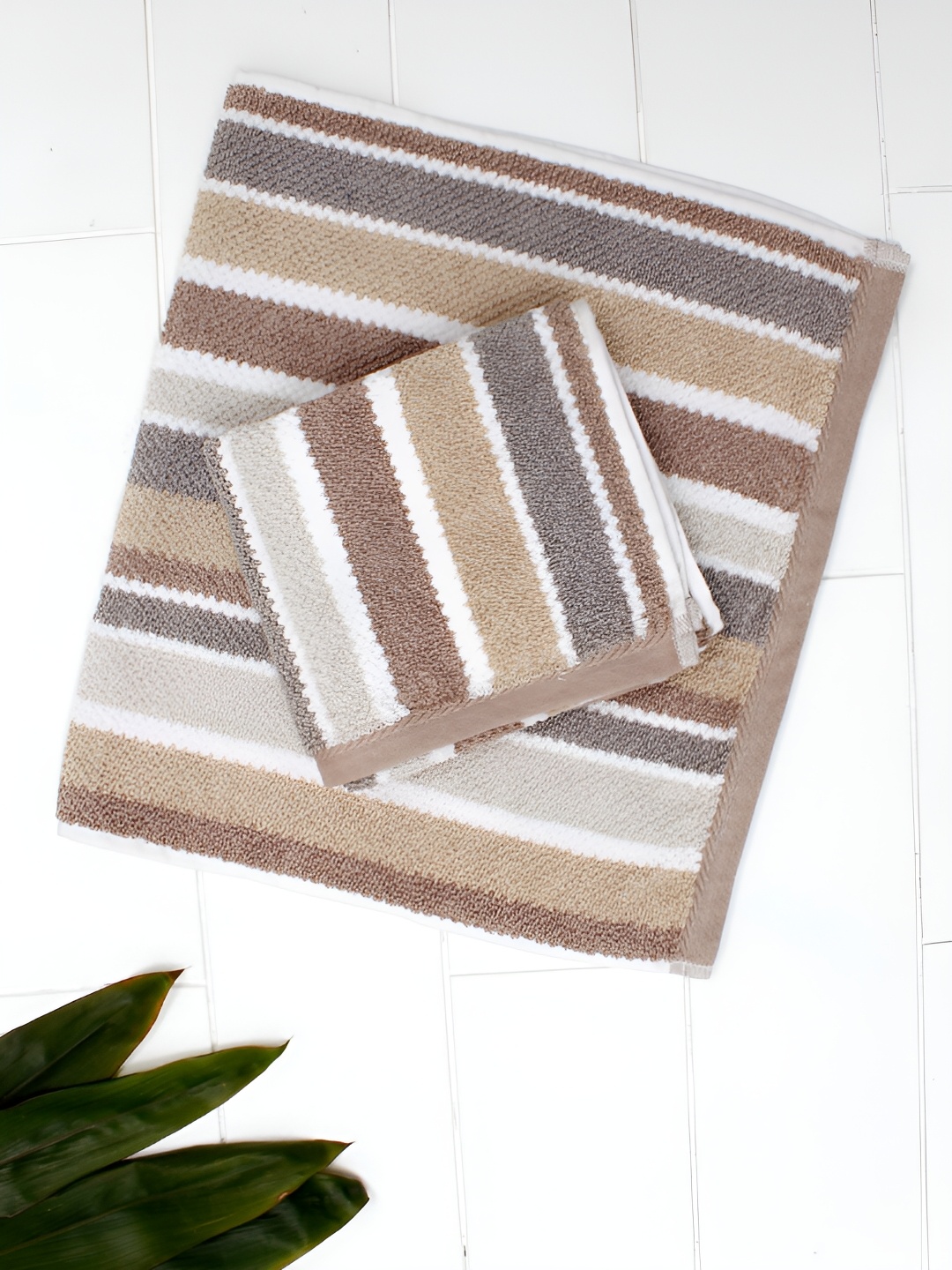 

AVI Living Beige & White 2 Pieces Striped Cotton Hand Towels 550 GSM