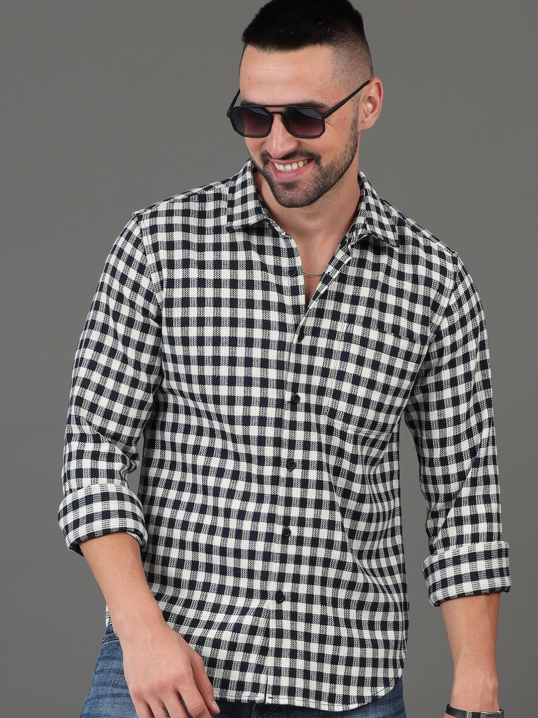 

HERE&NOW Black Slim Fit Gingham Checked Casual Shirt