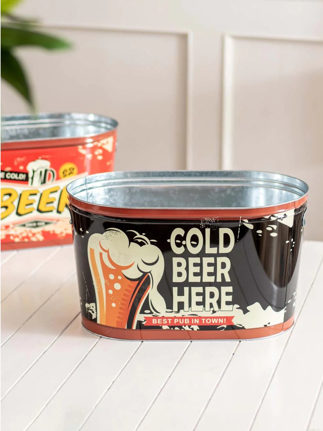

THEDECORKART Black & Cream Printed Steel Ice Buckets
