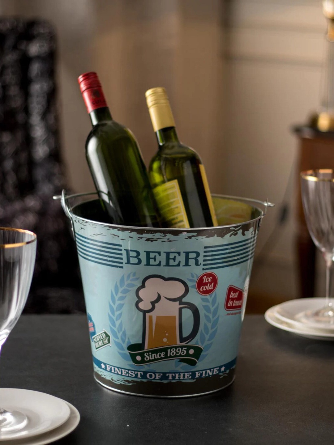 

THEDECORKART Blue & White Printed Steel Ice Buckets