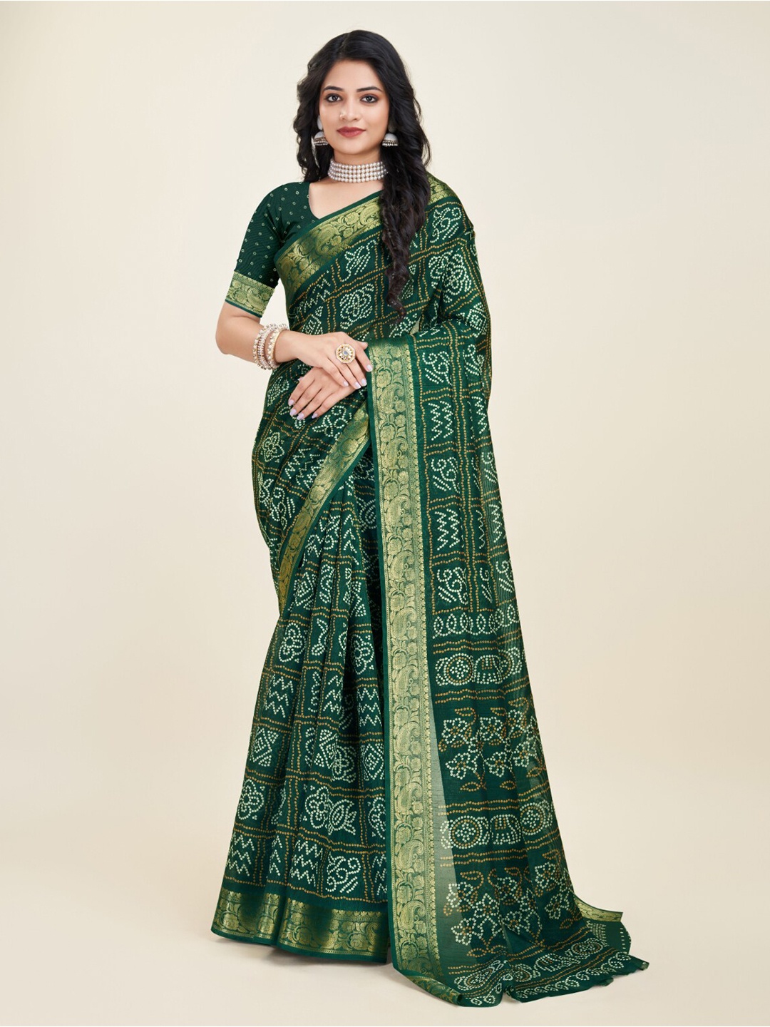 

SANJANA SILK Geometric Printed Zari Silk Cotton Chanderi Saree, Green