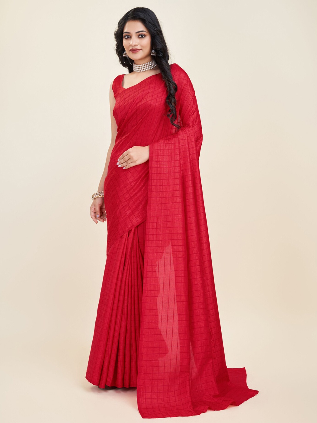 

SANJANA SILK Checked Poly Georgette Saree, Red
