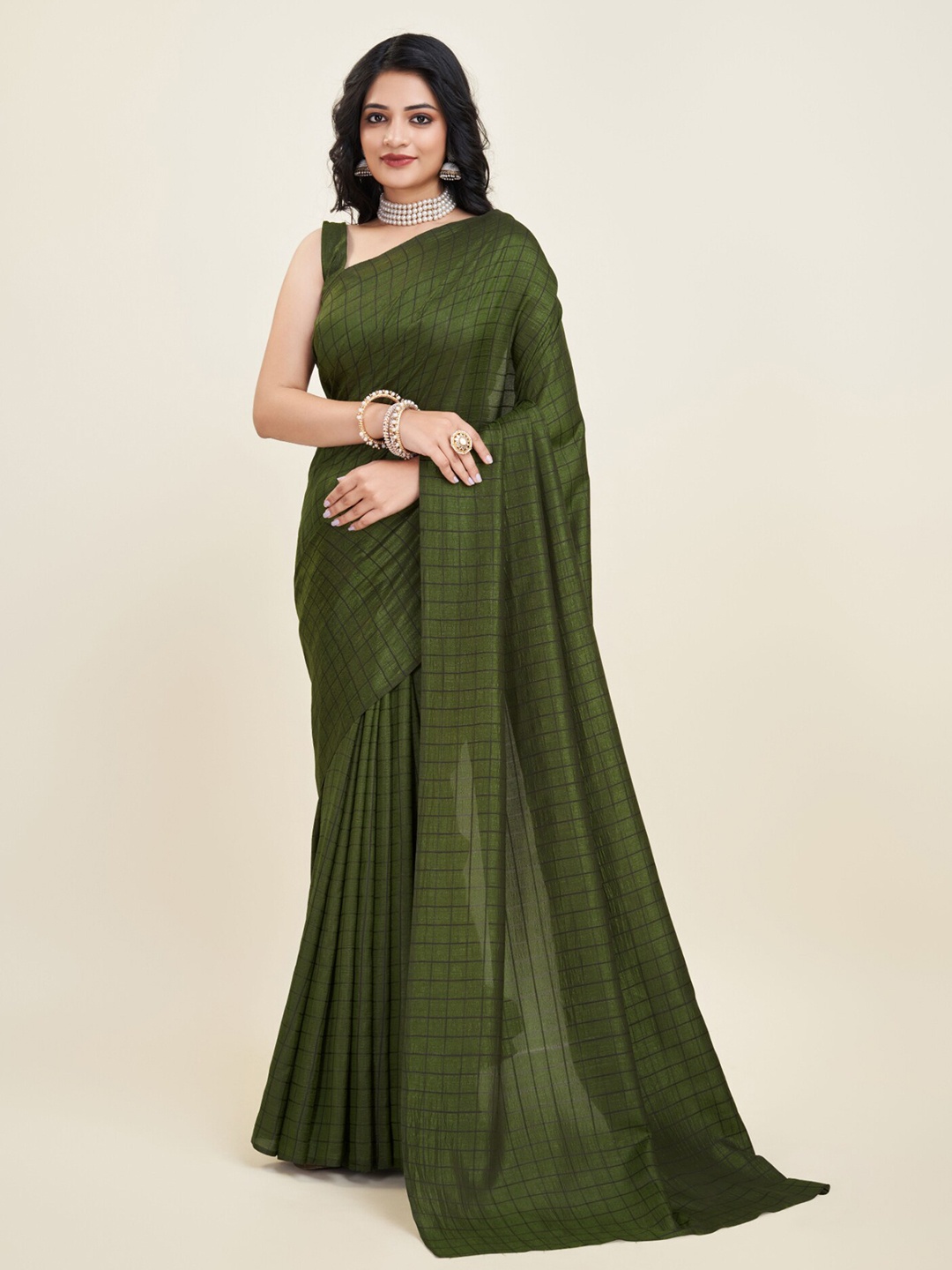 

SANJANA SILK Checked Saree, Green