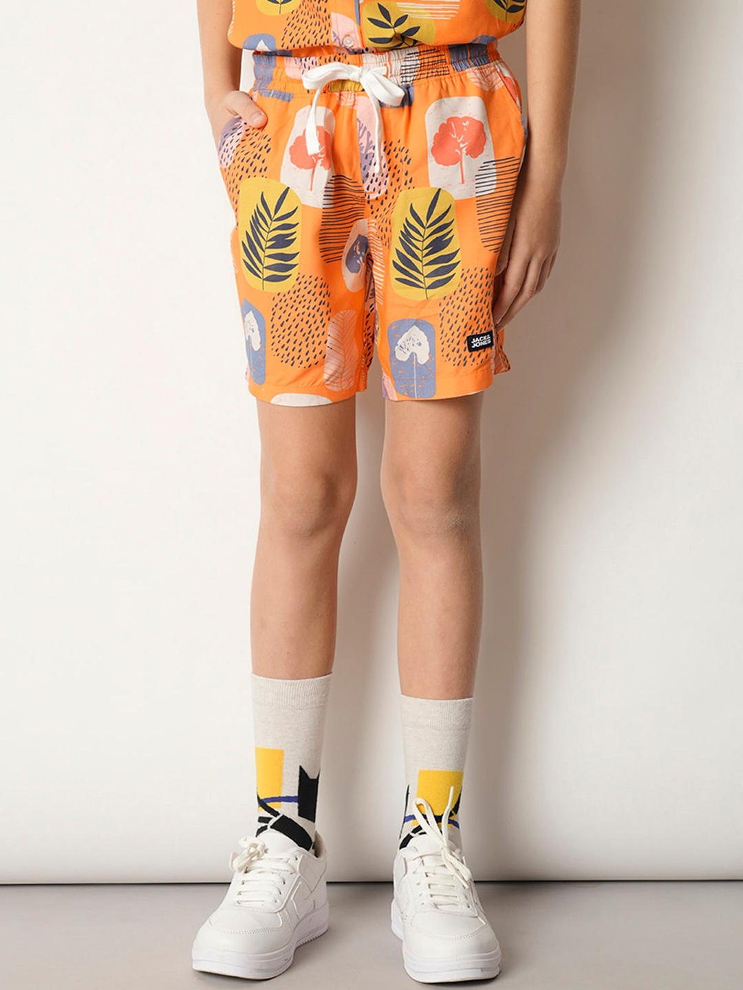 Jack & Jones Junior Boys Tropical Printed Mid-Rise Regular Shorts, Orange