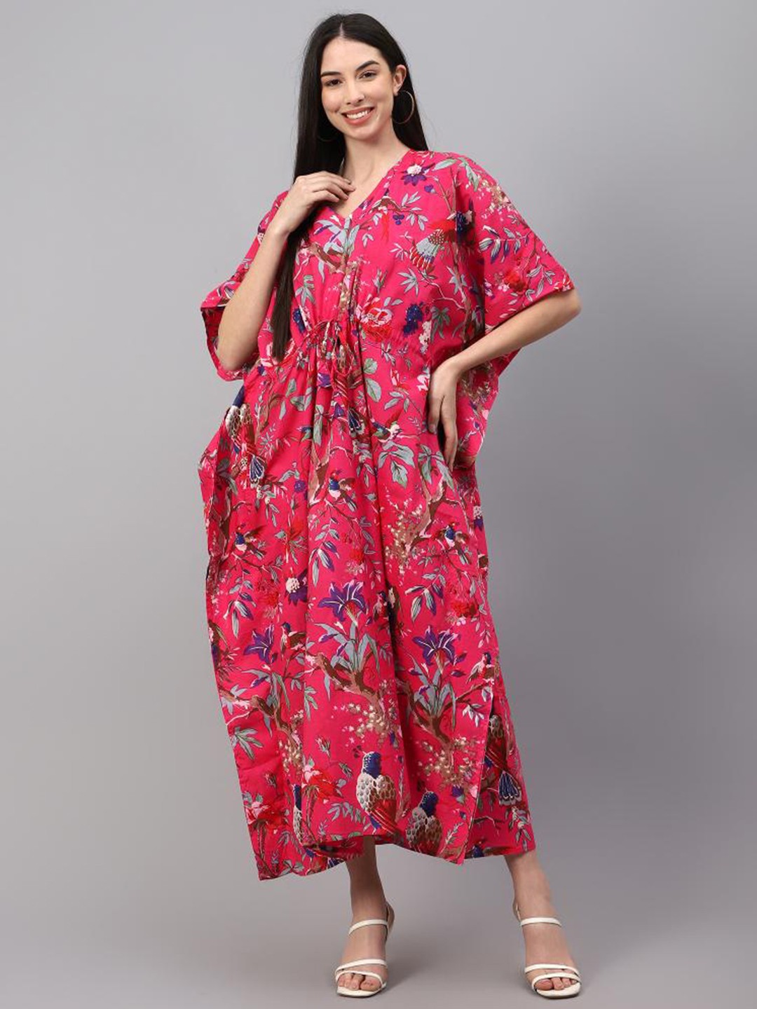 

Safeera Ethnic Motifs Printed V-Neck Pure Cotton Kaftan Nightdress, Pink