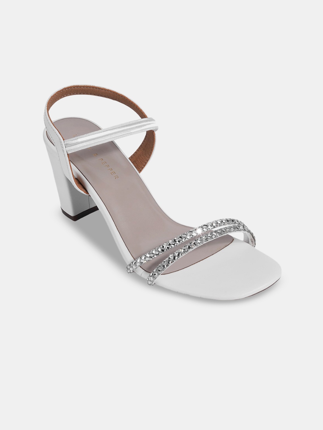 

LEMON & PEPPER Embellished Open Toe Backstrap Block Heels, Silver