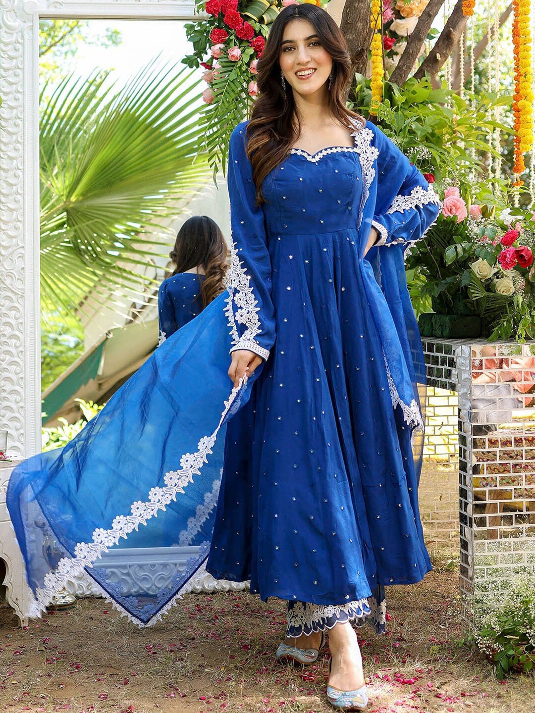

Lavanya The Label Geometric Embroidered Mirror Work Anarkali Kurta With Trousers & Dupatta, Blue