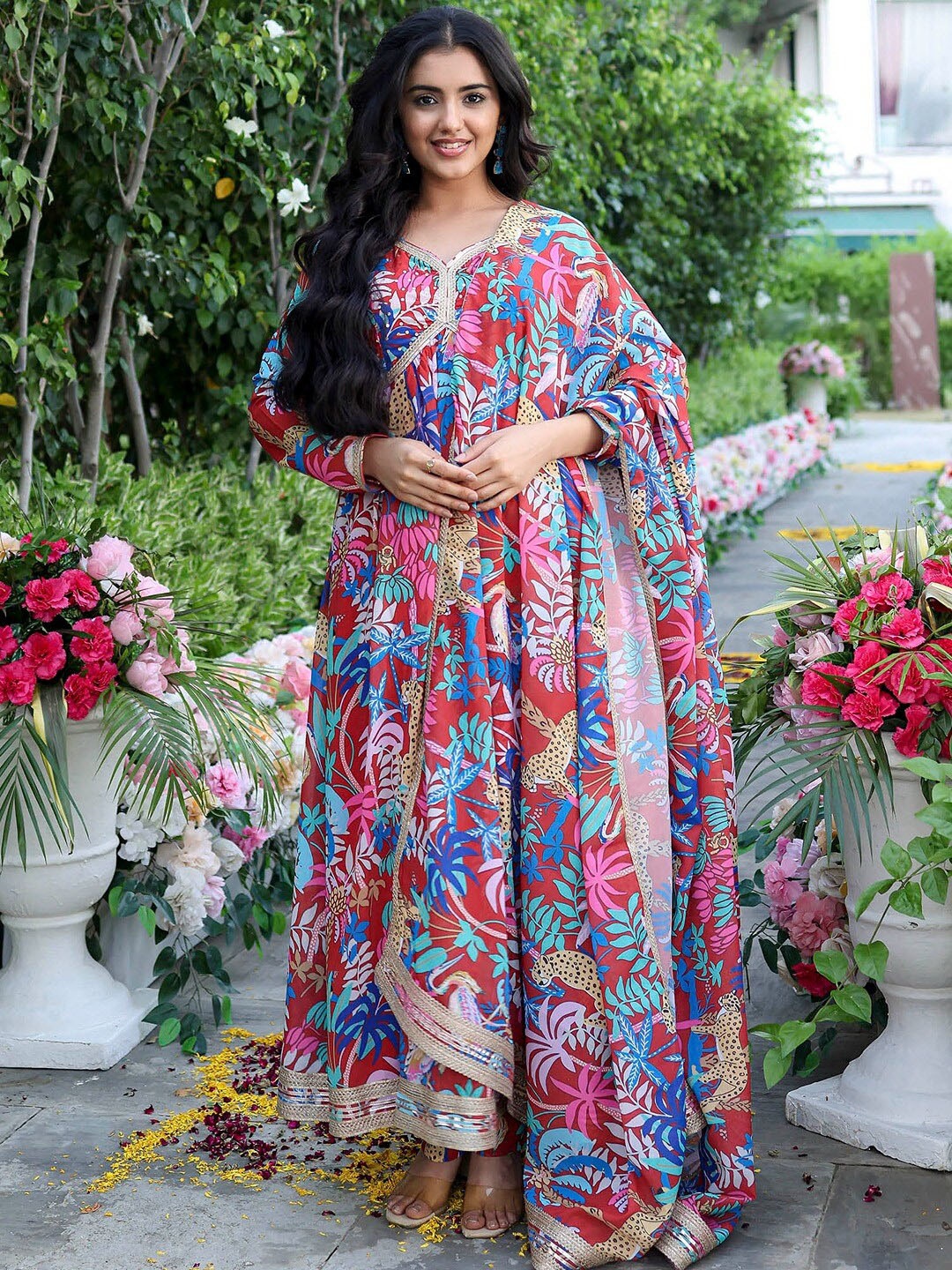 

Lavanya The Label Floral Printed V-Neck Sequinned Anarkali Kurta With Palazzos & Dupatta, Maroon