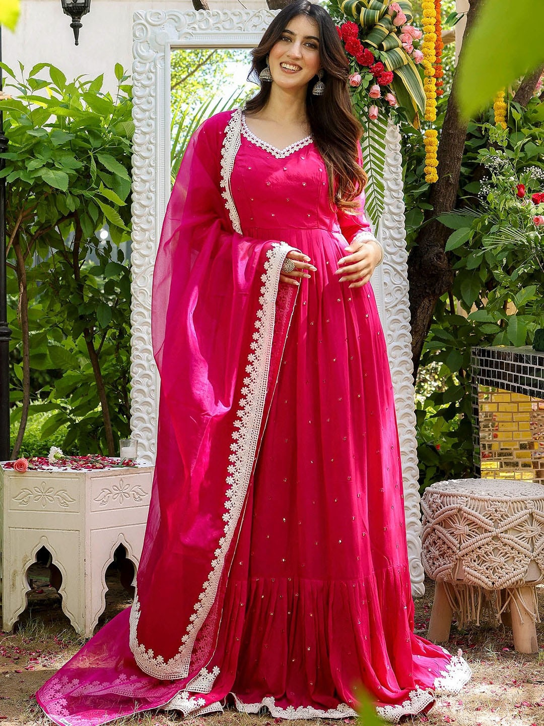 

Lavanya The Label Embellished Tiered Mirror Work Silk Maxi Ethnic Dress With Dupatta, Pink