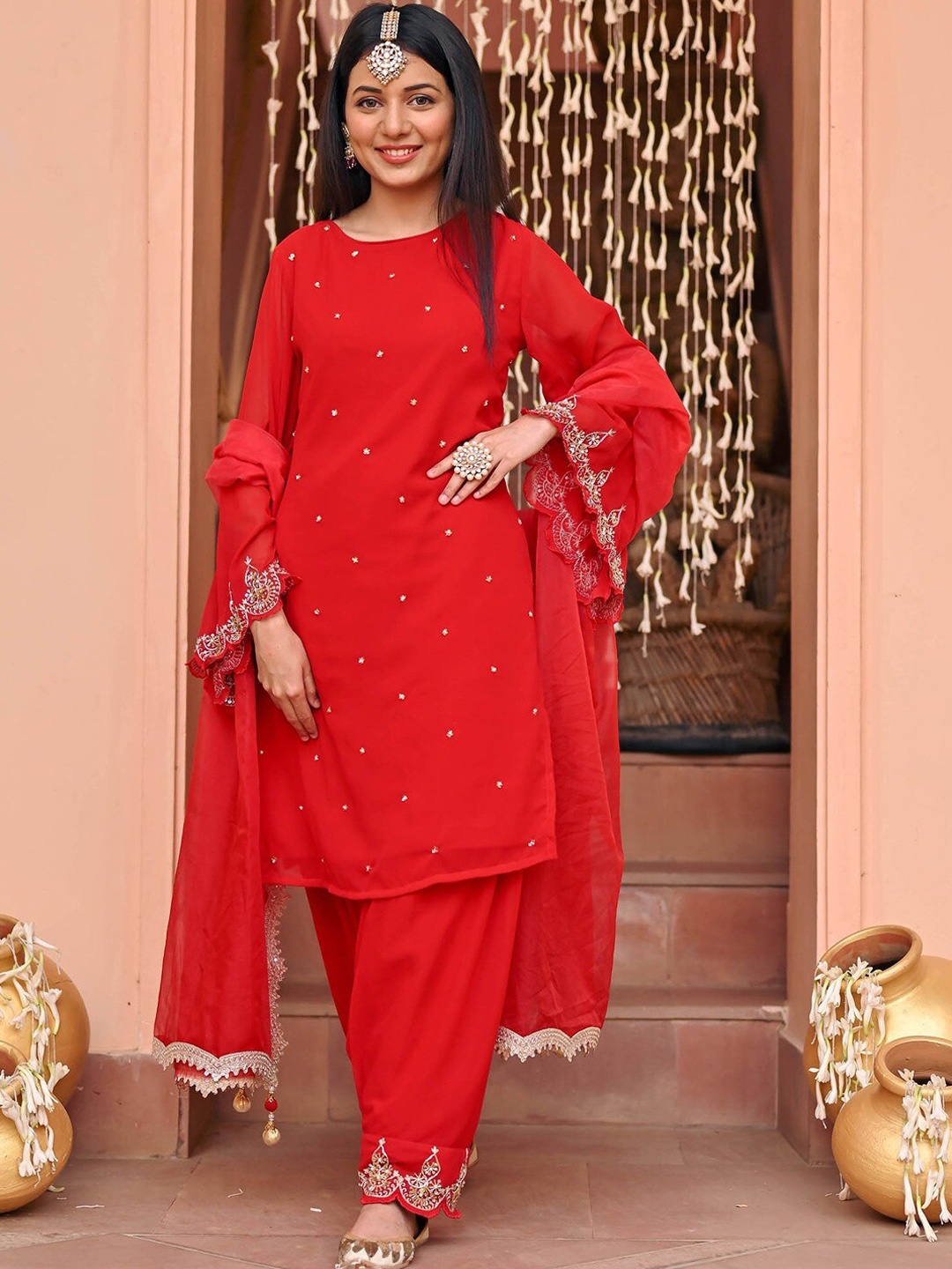 

Lavanya The Label Floral Embroidered Beads and Stones Kurta With Dhoti Pants & Dupatta, Red