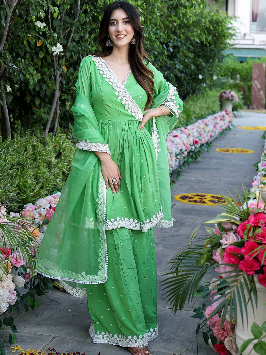 

Lavanya The Label Floral Embroidered Pleated Mirror Work Kurta with Sharara & With Dupatta, Green