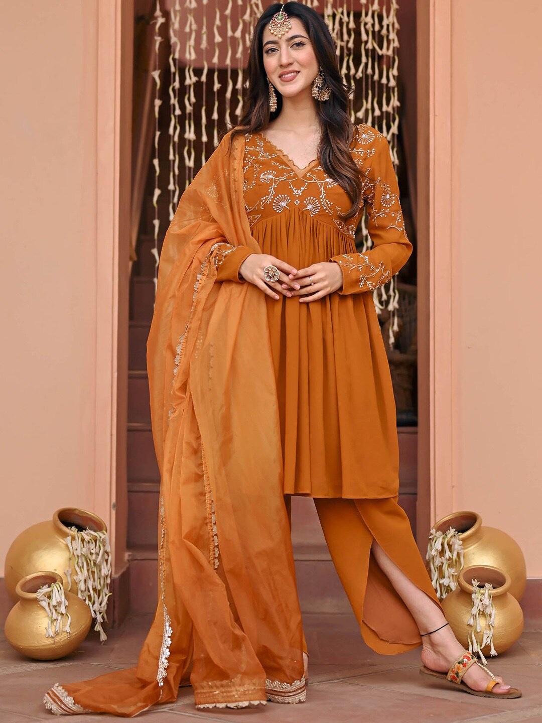 

Lavanya The Label Floral Embroidered Pleated Georgette Kurta with Dhoti Pants & Dupatta, Mustard