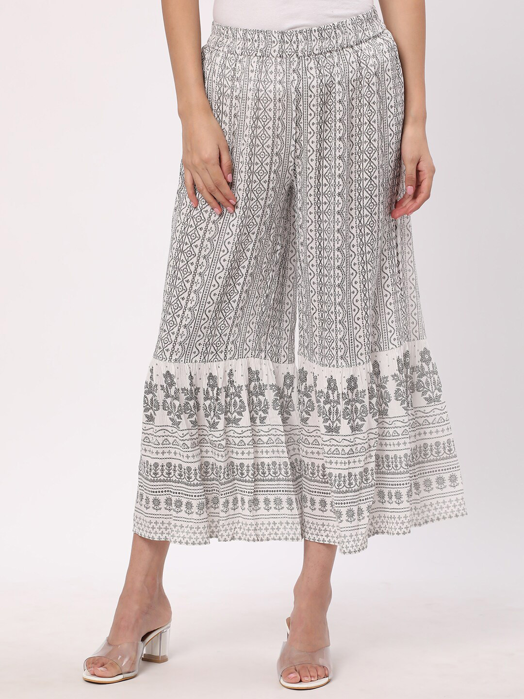 

R&B Women Geometric Printed Flared Cropped Palazzos, White